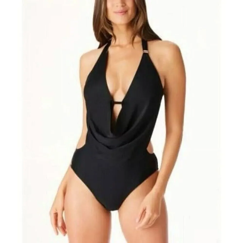 Bar III Solid Black Cowl Neck One Piece Swimsuit Bathing Suit Size Large NEW